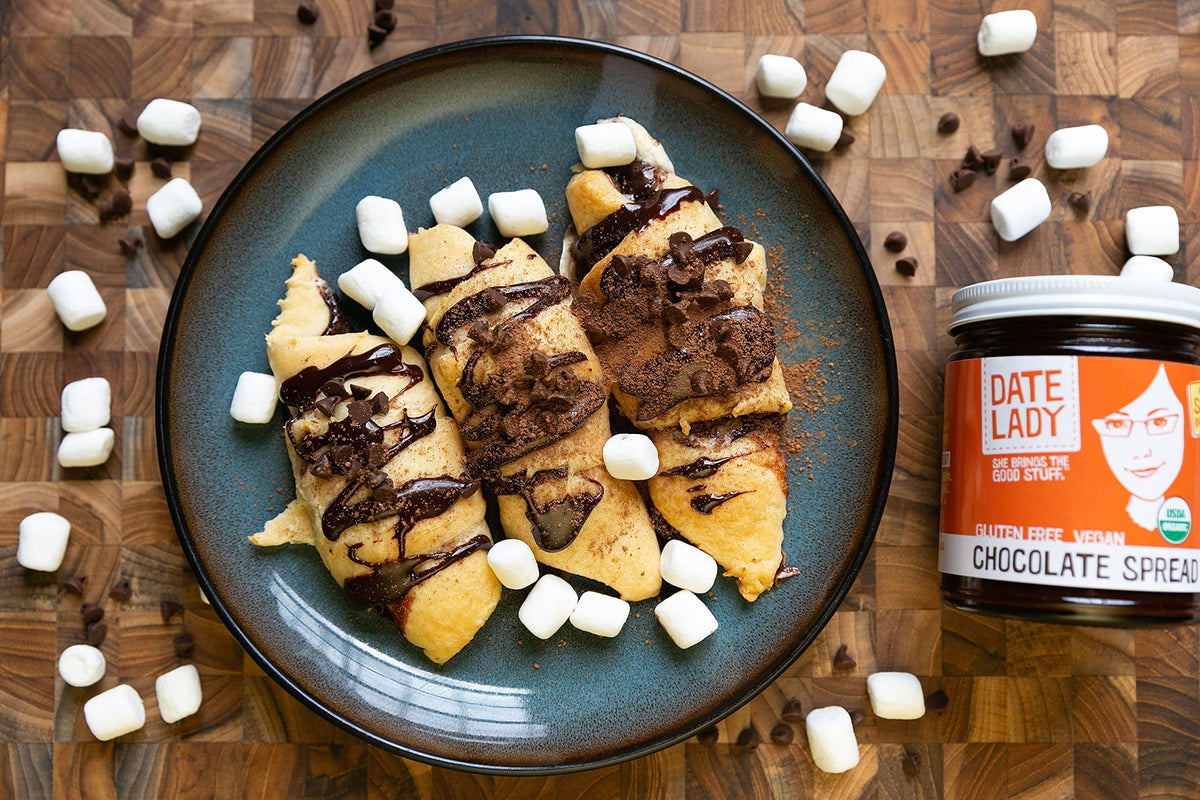 Date Lady Chocolate Date Spread being poured, inviting and smooth