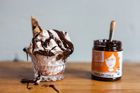 Date Lady Chocolate Date Spread spoon shot, smooth and rich for desserts