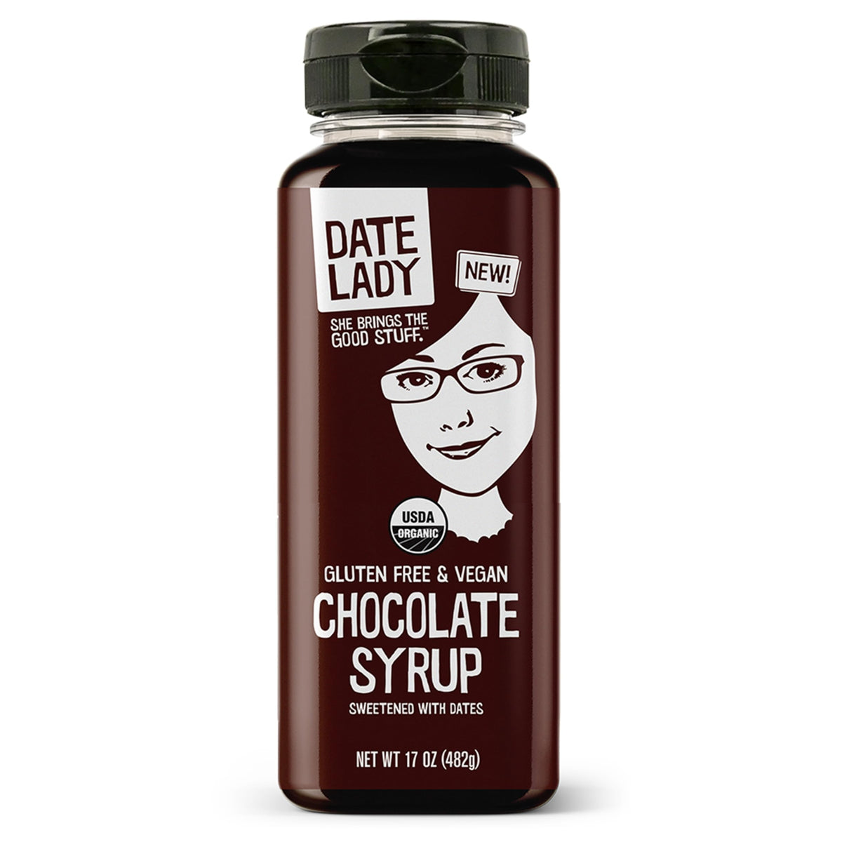 Date Lady Chocolate Syrup bottle on a kitchen counter ready to drizzle on desserts