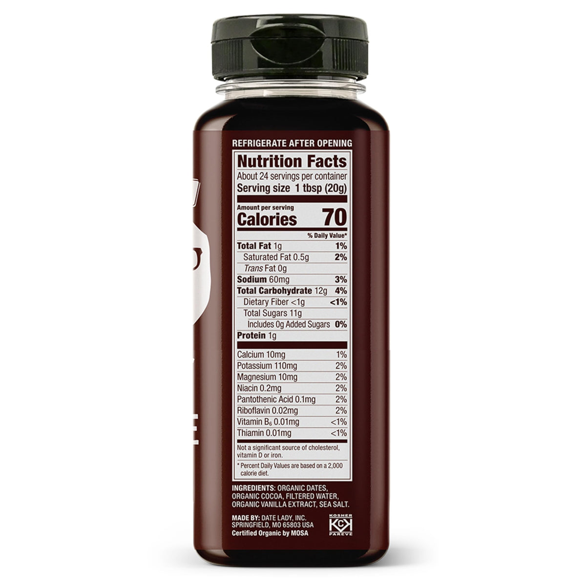 Pouring Date Lady Chocolate Syrup, ideal for topping desserts and breakfasts
