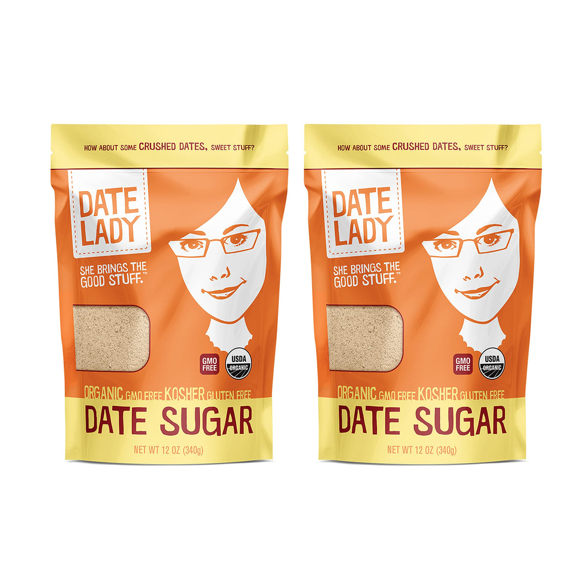 Date Lady Date Sugar bag front showing organic, versatile sweetener for baking.