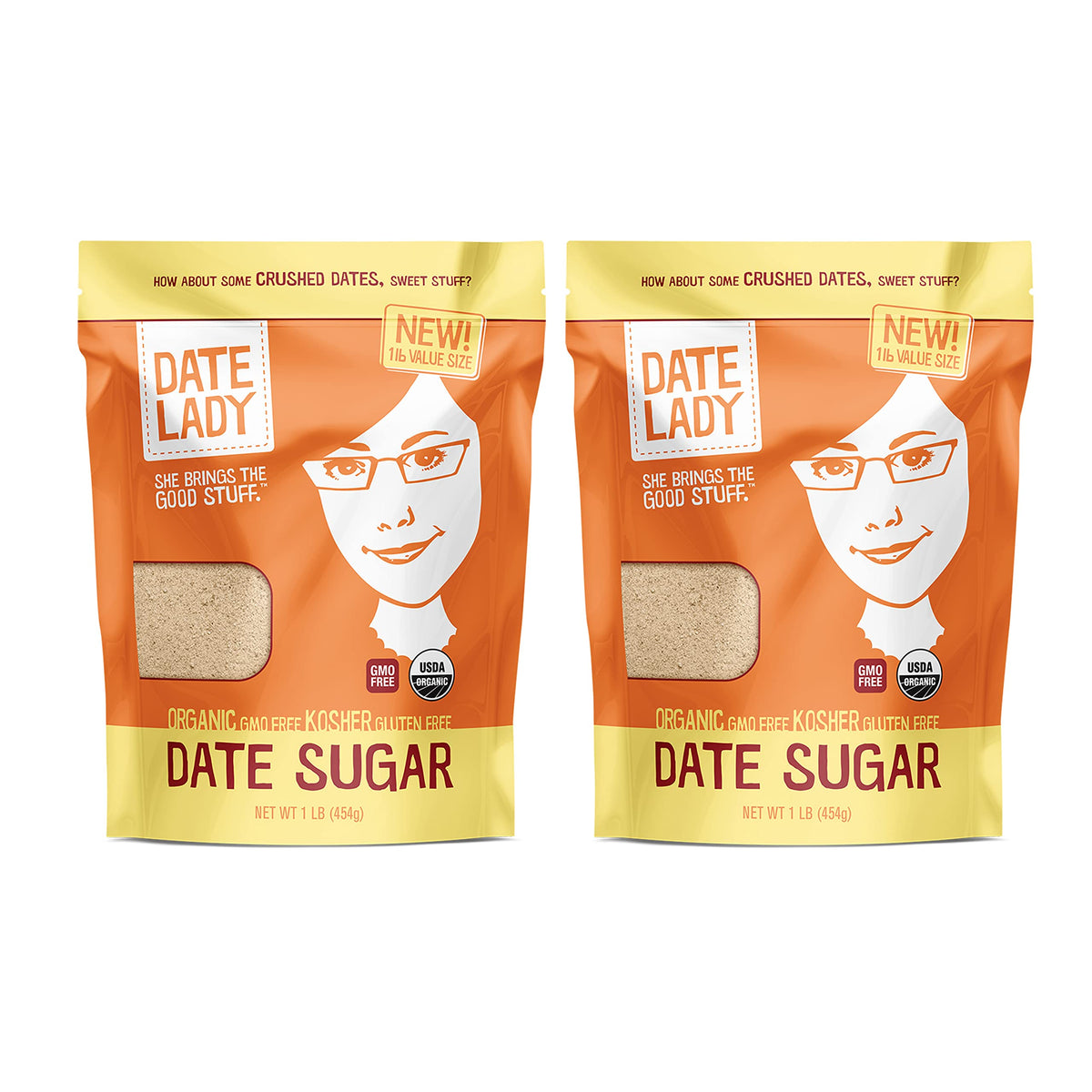 Date Lady Date Sugar bottle in 1lb packaging, ideal for baking and everyday sweetness.