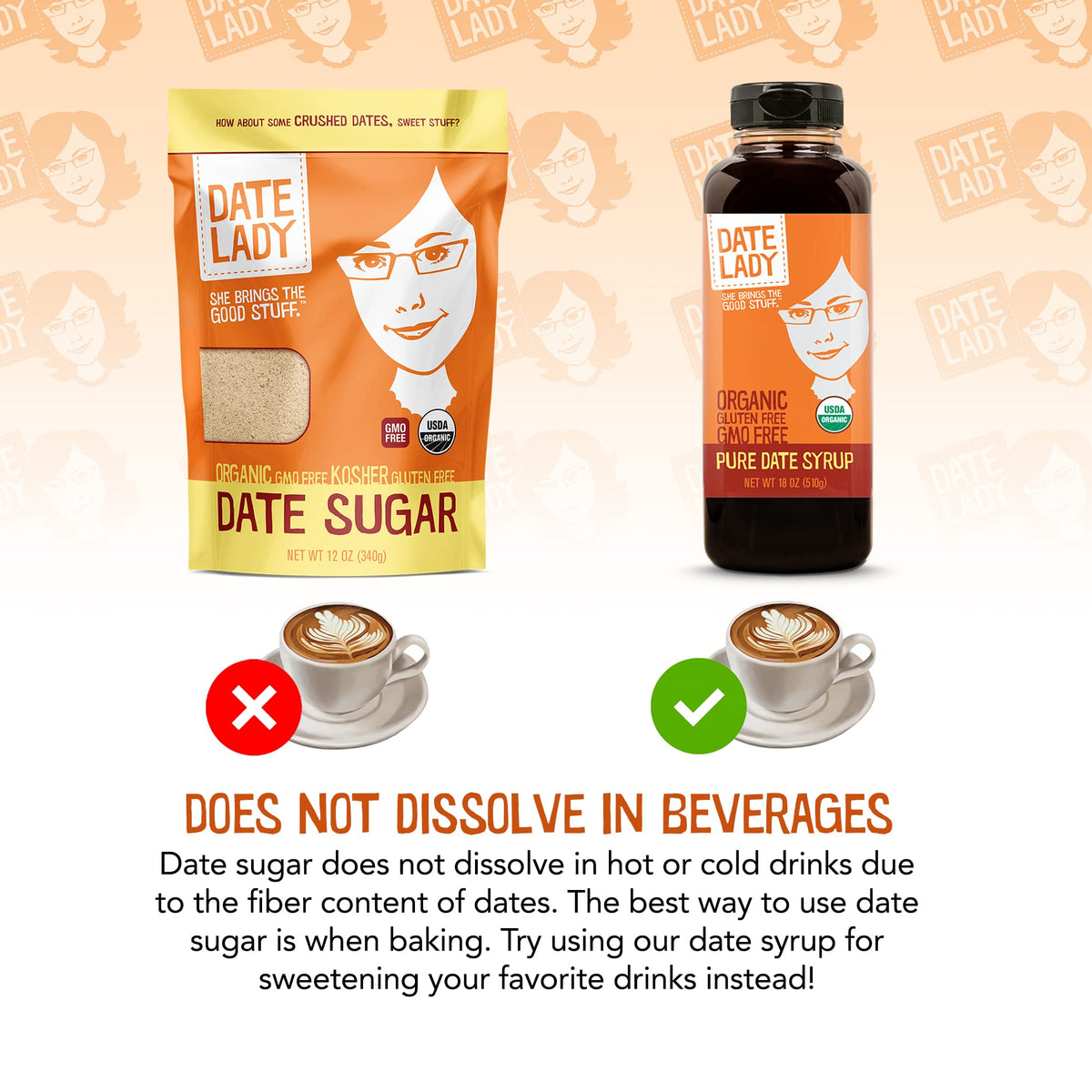 Date Lady Date Sugar in coffee shows slower dissolution due to fiber.