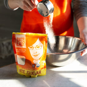 Date Lady Date Sugar nutrition panel highlights magnesium, potassium, and fiber.