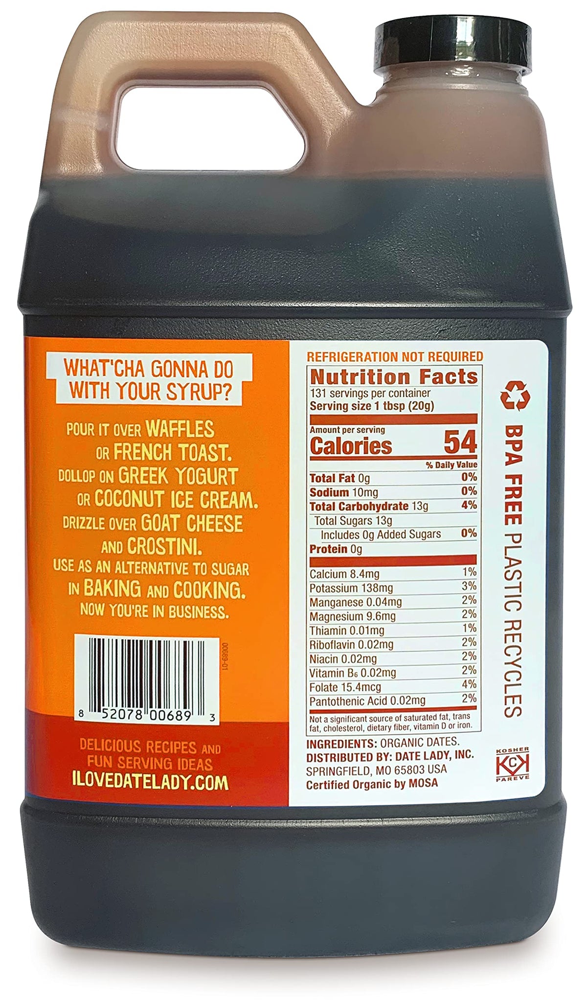 Front view of Date Lady date syrup bottle highlights clean ingredients and no added sugars.