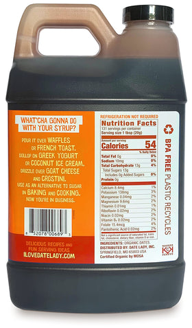 Front view of Date Lady date syrup bottle highlights clean ingredients and no added sugars.