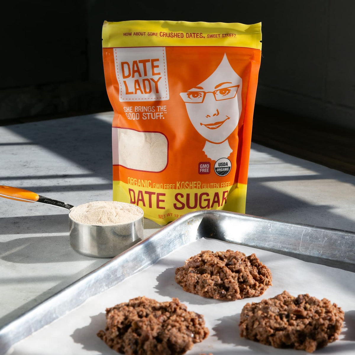 Kosher certification seal on Date Lady Date Sugar packaging.