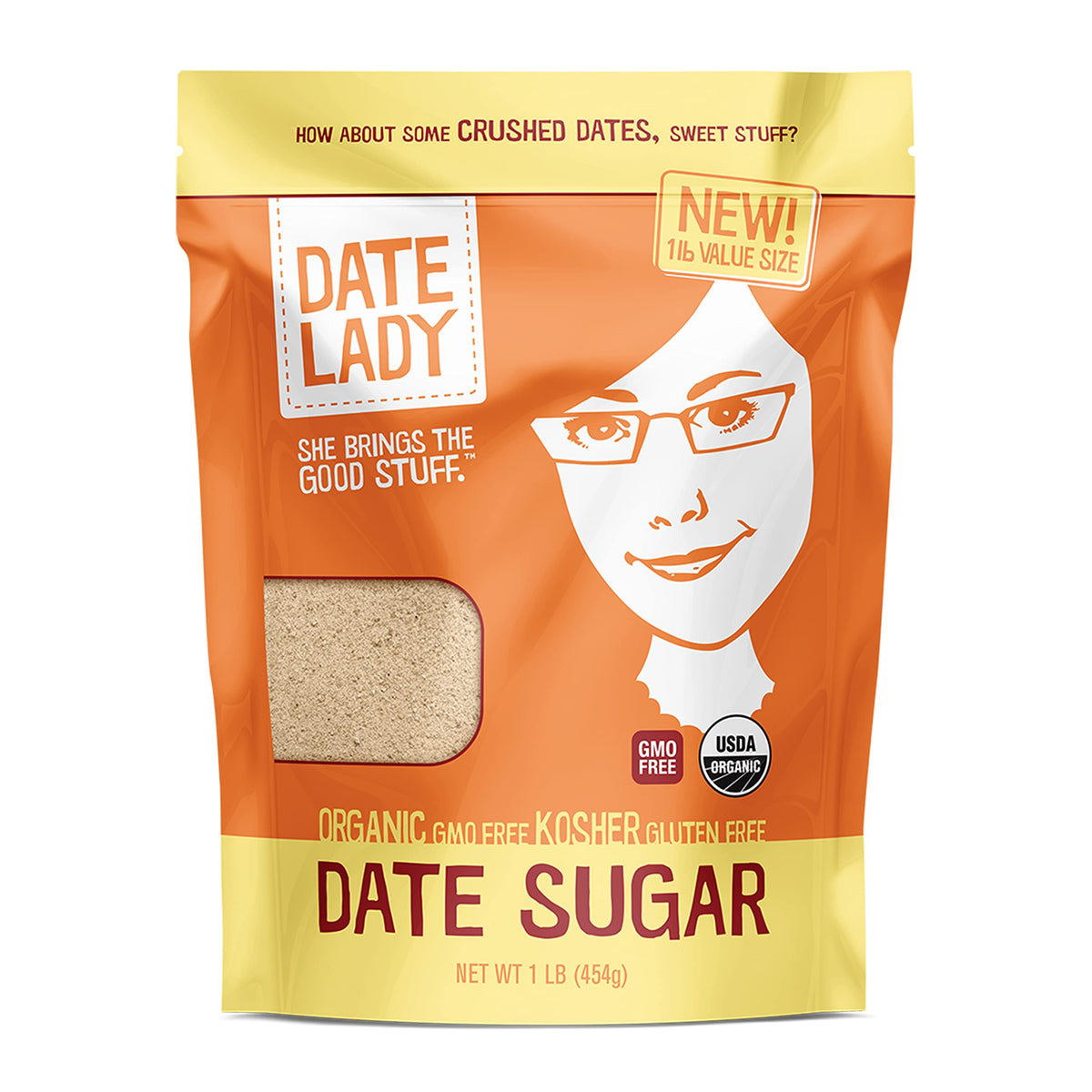 Date Lady Organic Date Sugar bag front, ideal for baking and natural sweetness.