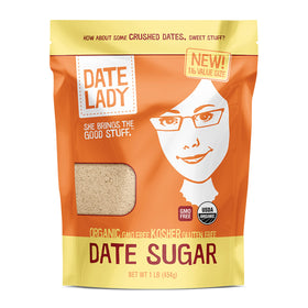 Date Lady Organic Date Sugar bag front, ideal for baking and natural sweetness.