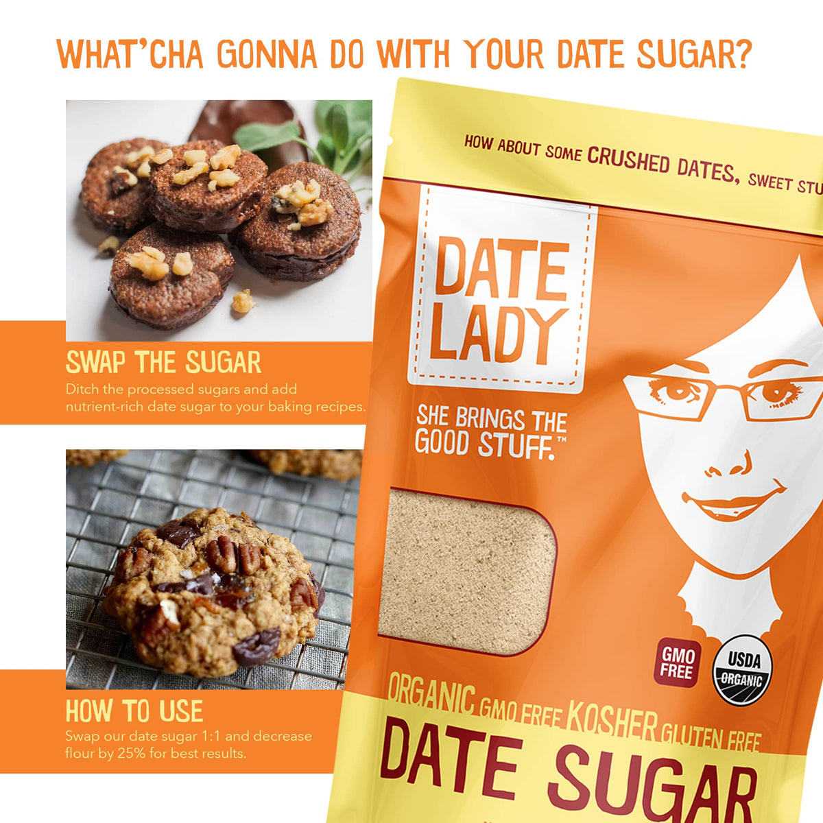 Date Lady Organic Date Sugar closeup of dried dates and texture.