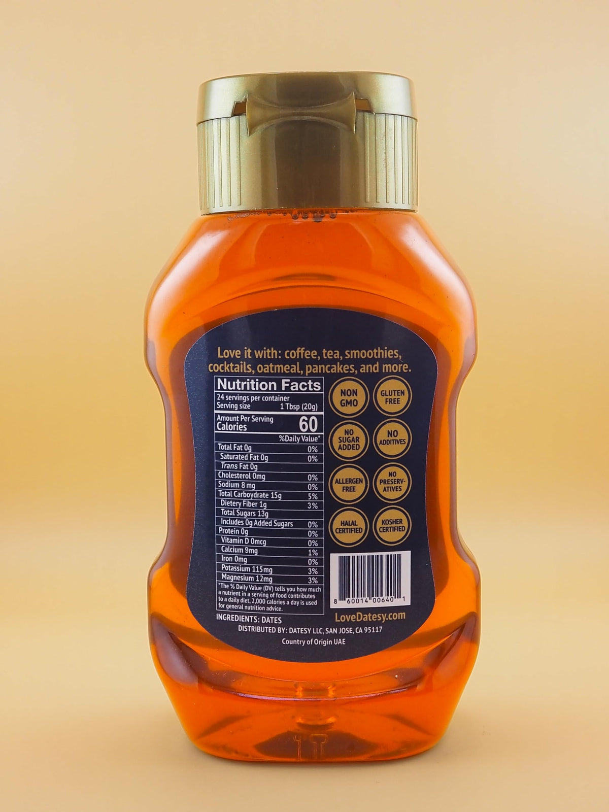 Datesy date syrup close-up showing rich amber color and no added sugar