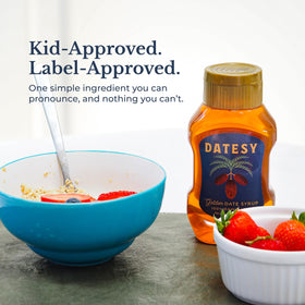 Datesy syrup label highlights kosher, vegan, paleo, halal certifications