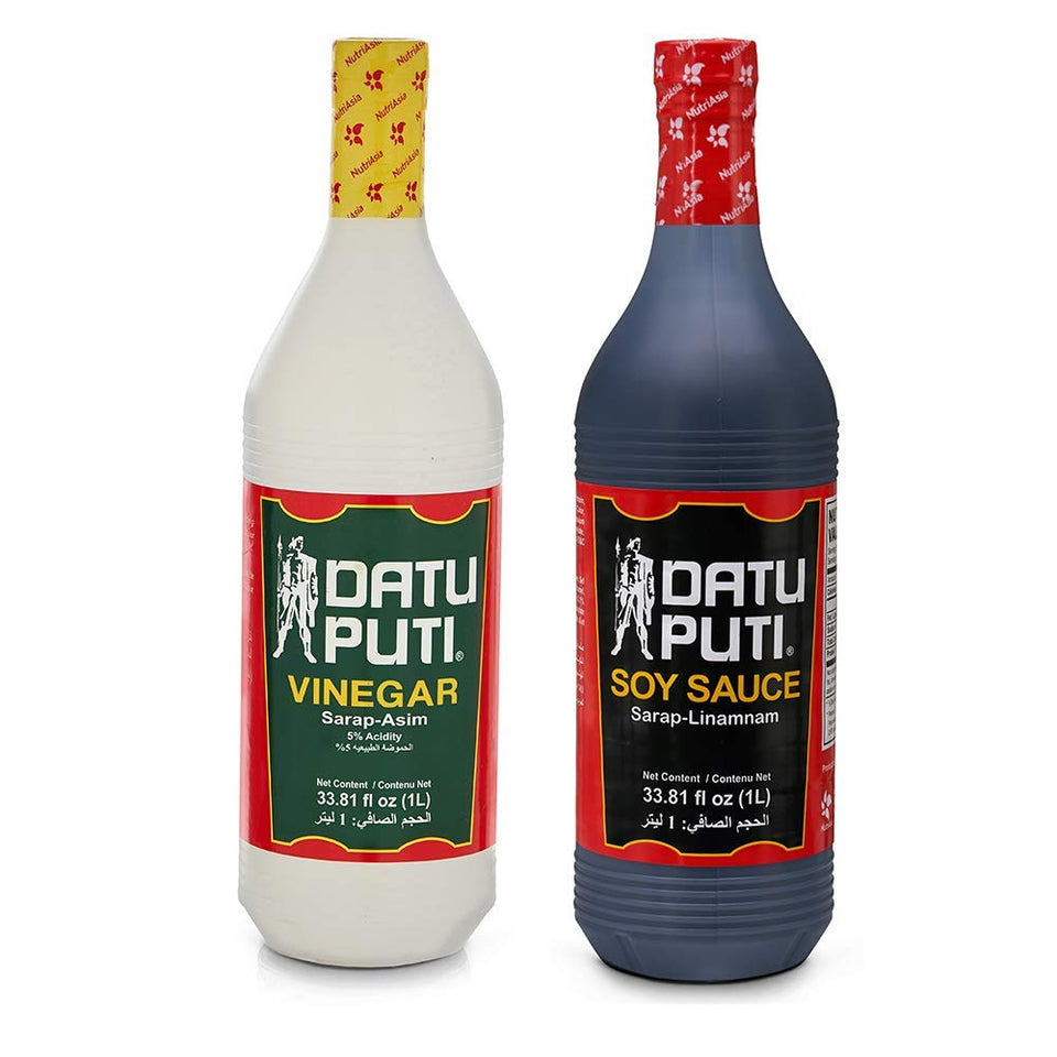 Datu Puti value pack with 1L vinegar and 1L soy sauce for versatile everyday Filipino dishes.