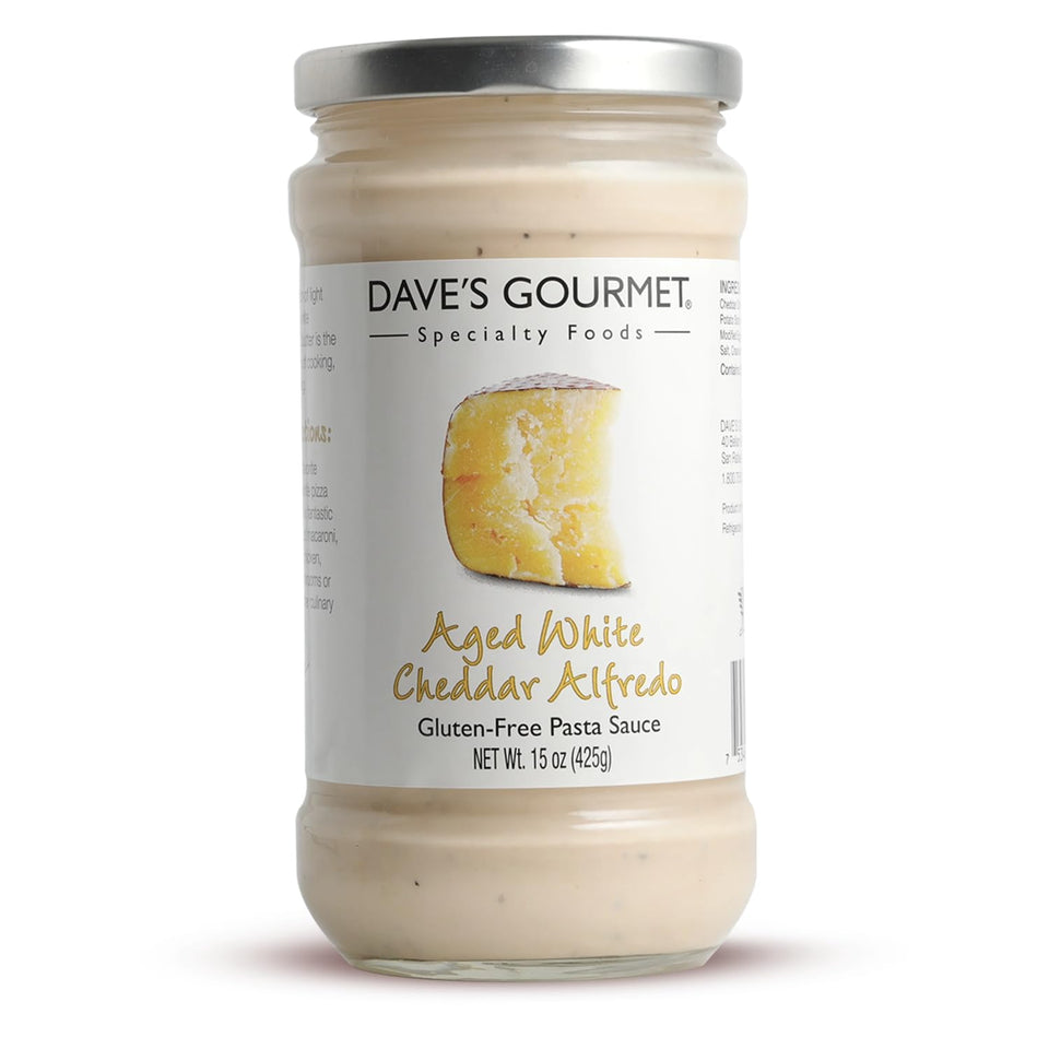 Dave's Gourmet aged white cheddar Alfredo jar top view ready-to-heat inspiration