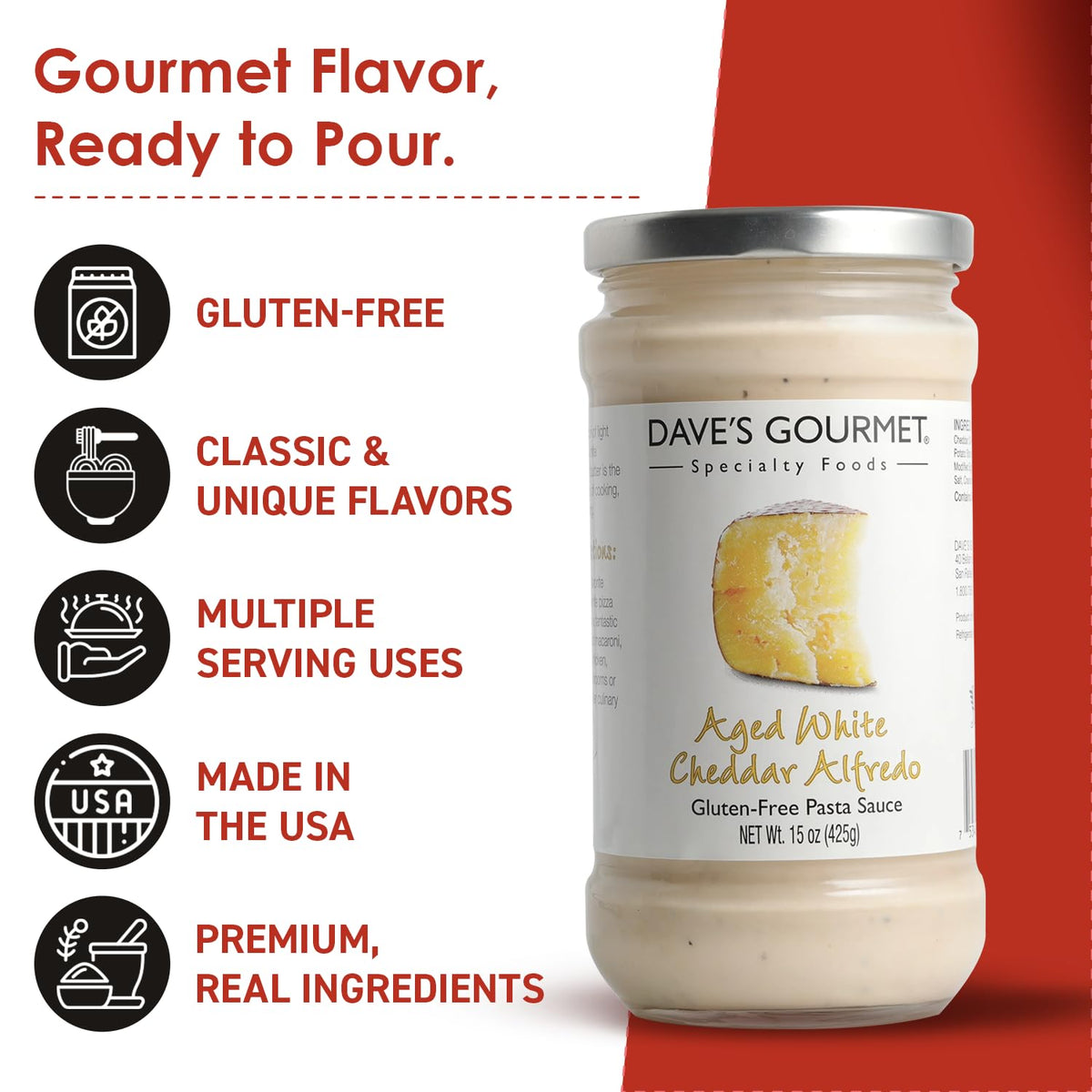Dave's Gourmet Alfredo sauce pour showcasing creamy texture and richness