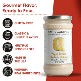 Dave's Gourmet Alfredo sauce pour showcasing creamy texture and richness