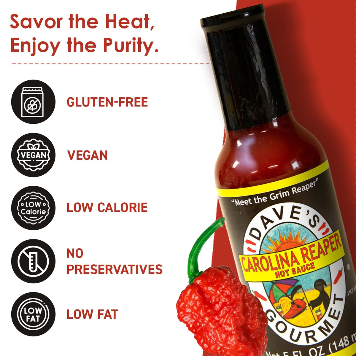 Carolina Reaper marination with Dave's Gourmet hot sauce in a glossy bottle.