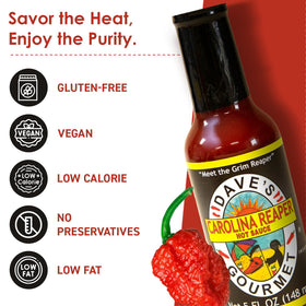 Carolina Reaper marination with Dave's Gourmet hot sauce in a glossy bottle.