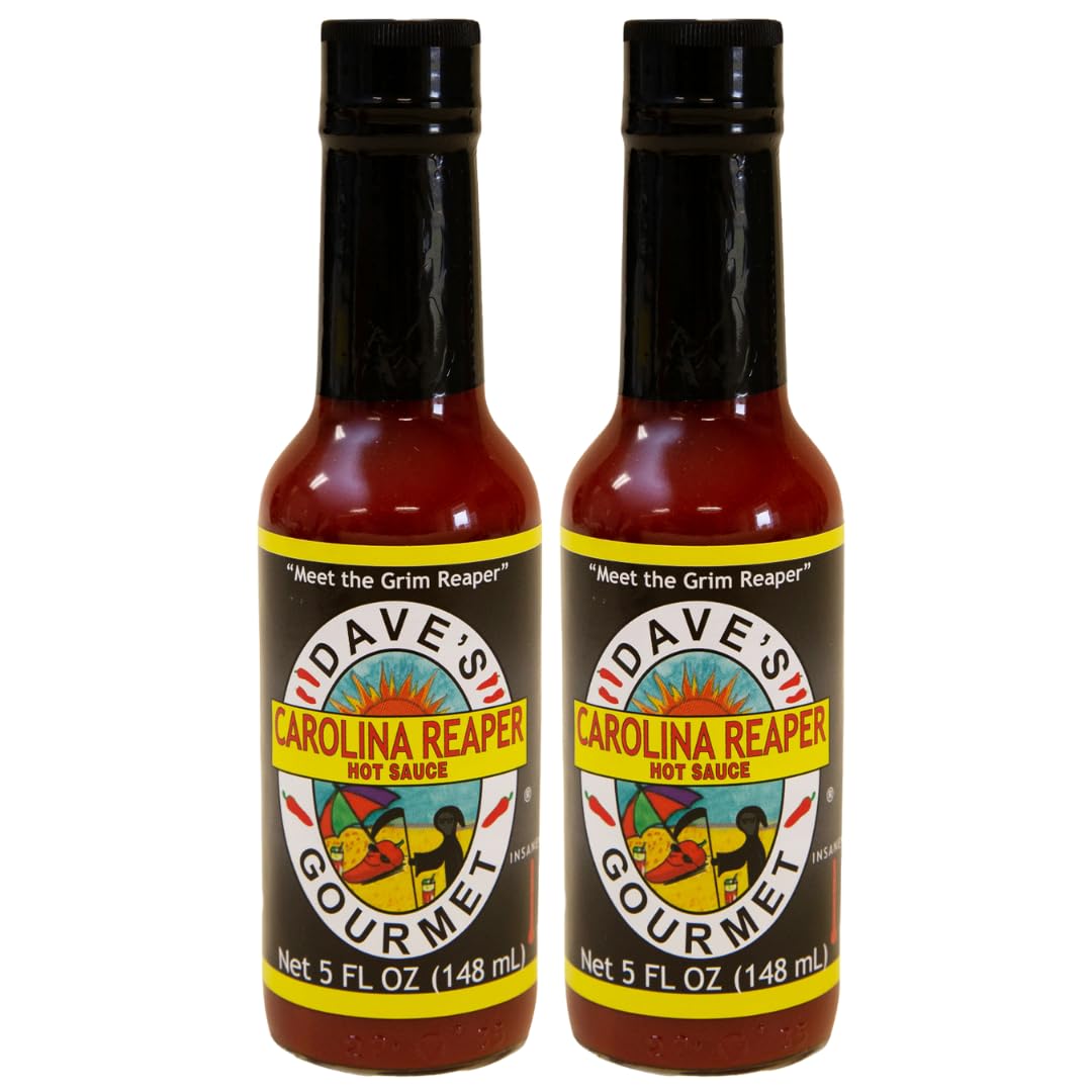 Dave's Gourmet Carolina Reaper hot sauce pack of 2 bottles on display for bold flavor exploration.