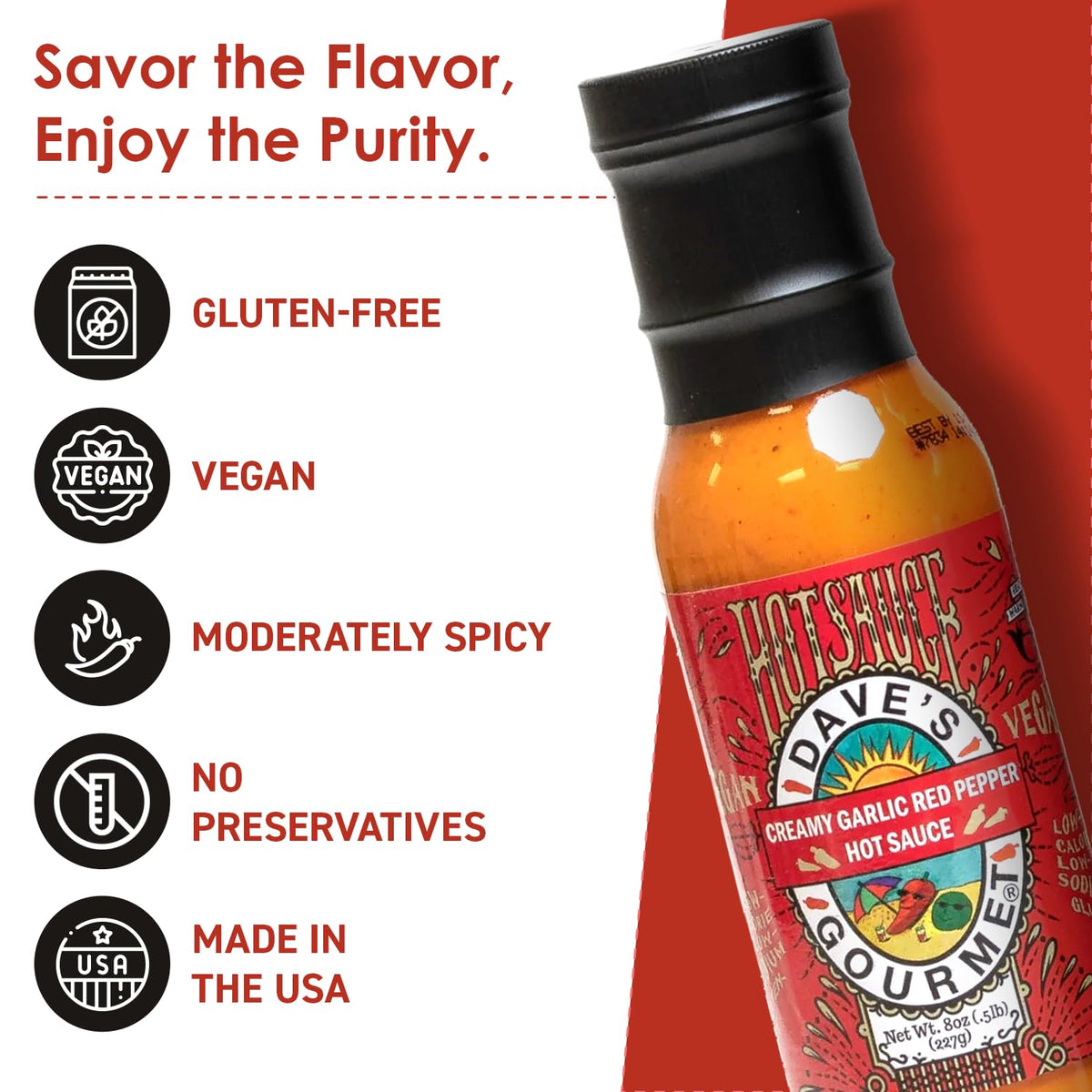 Dave's Gourmet Creamy Garlic Red Pepper Sauce dipping plate highlighting creamy heat for tacos.