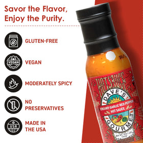 Dave's Gourmet Creamy Garlic Red Pepper Sauce dipping plate highlighting creamy heat for tacos.