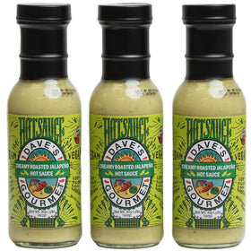 Dave's Gourmet Creamy Roasted Jalapeño Hot Sauce bottle closeup, showcasing bold creamy heat.