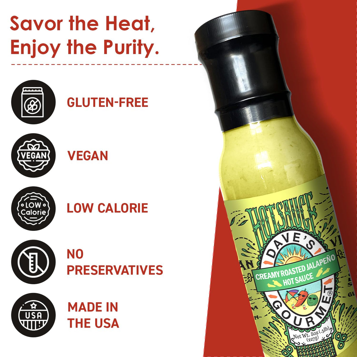 Dave's Gourmet sauce being poured, highlighting smooth texture and bright citrus notes.
