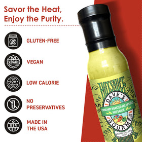 Dave's Gourmet sauce being poured, highlighting smooth texture and bright citrus notes.
