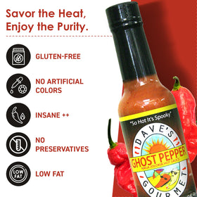 Dave's Gourmet Ghost Pepper hot sauce pour showing creeping heat