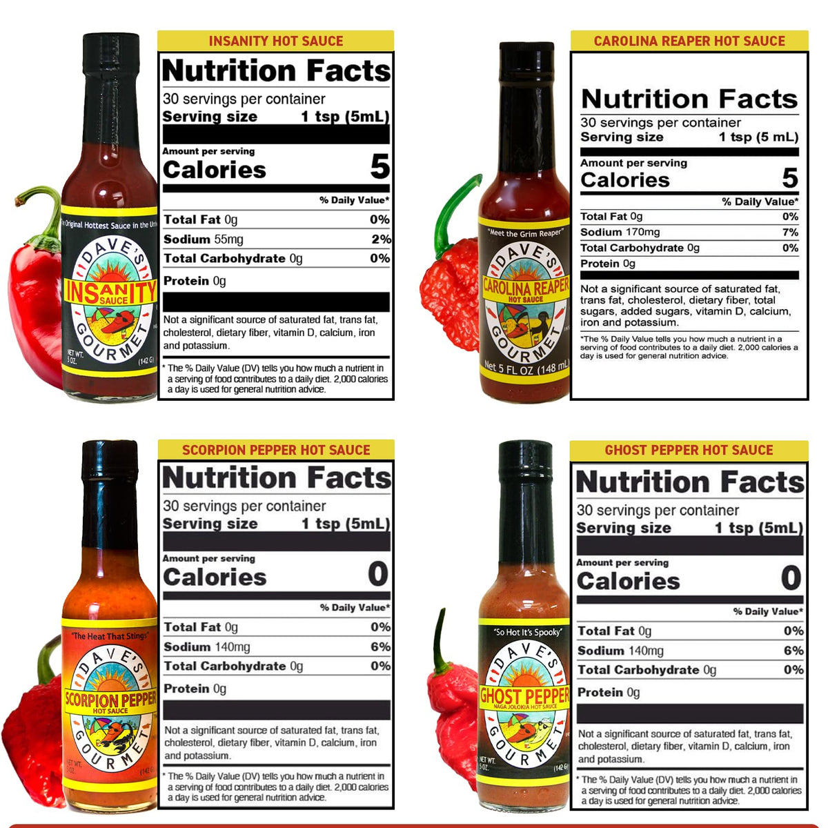 Dave's Gourmet Insanity 4-Pack labels close-up showcasing variety.