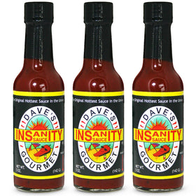 Dave's Gourmet Original Insanity hot sauce 3-pack front view for bold flavor sampling