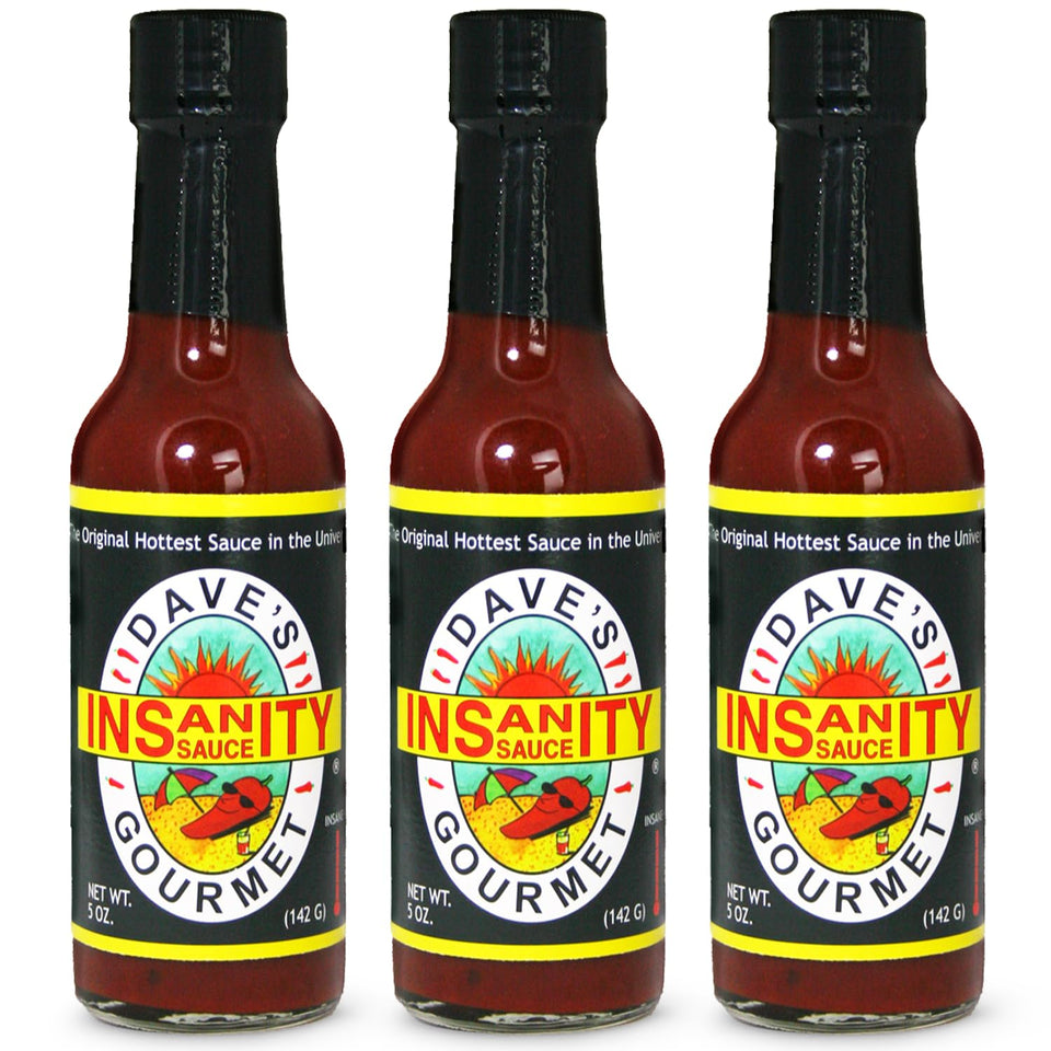 Dave's Gourmet Original Insanity hot sauce 3-pack front view for bold flavor sampling