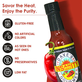 Dave's Gourmet Original Insanity hot sauce 5oz bottle pour enhances wings and burgers