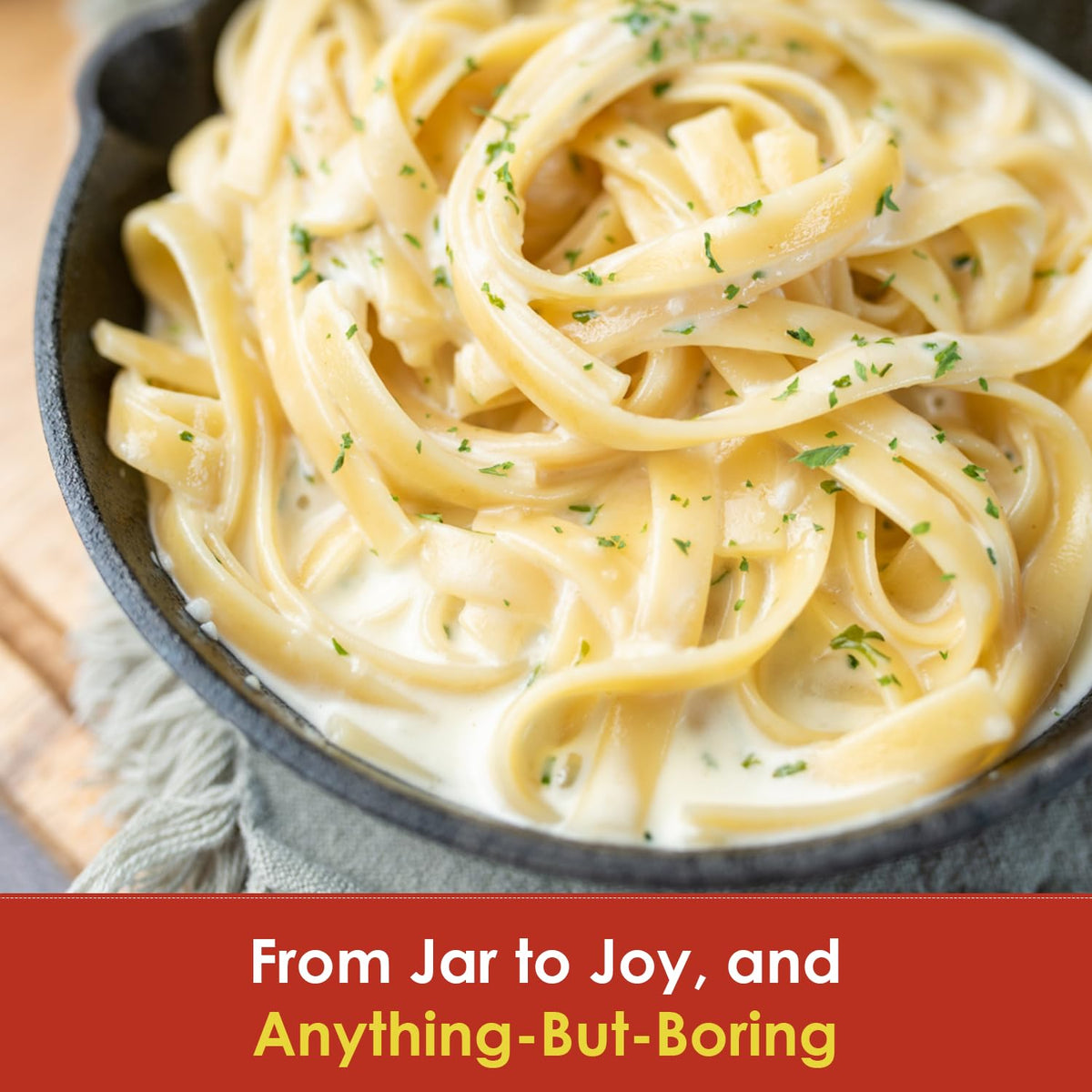 Dave's Gourmet pasta dish with Alfredo coating fettuccine