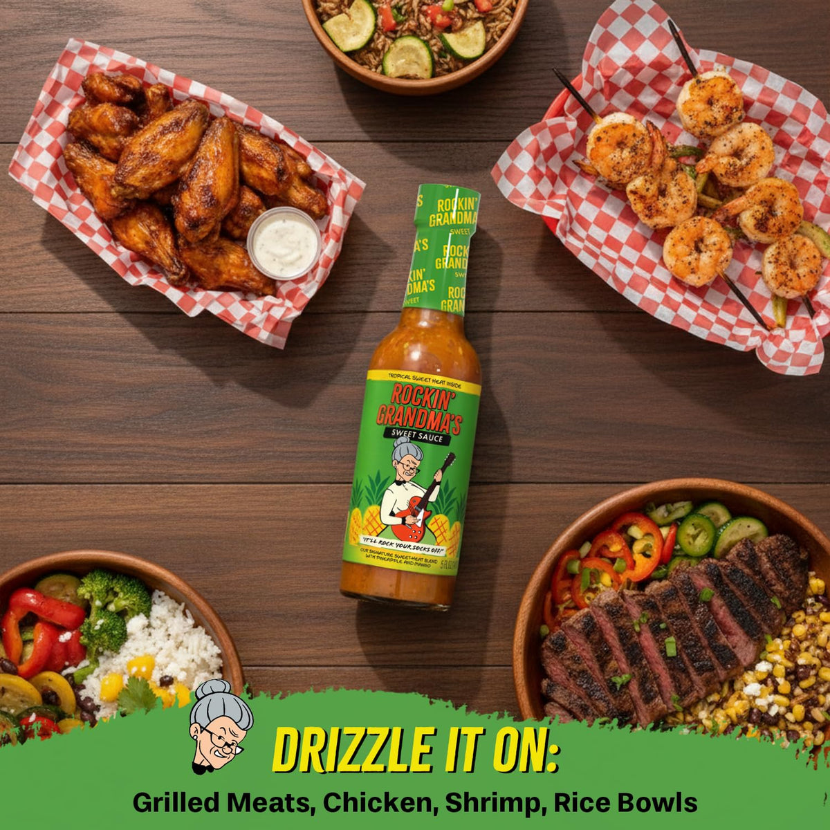 Dave's Rockin Grandma's Jamaican Jerk Sauce bottle brings Caribbean sweet heat to chicken and seafood