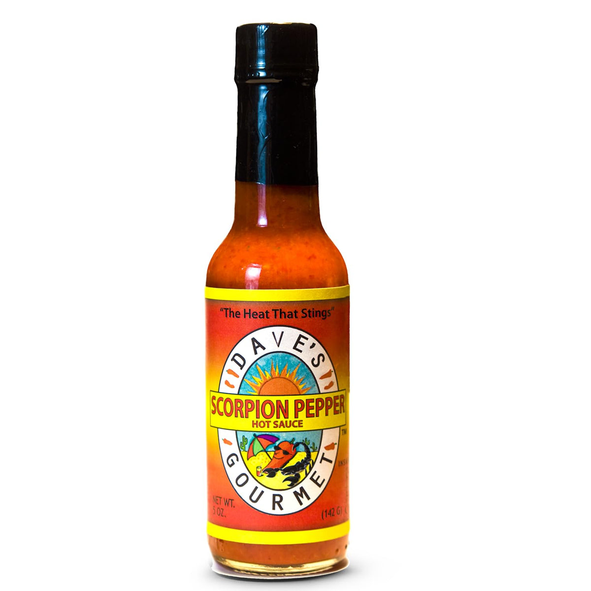 Dave's Gourmet Scorpion Hot Sauce bottle with intense heat for bold meals.