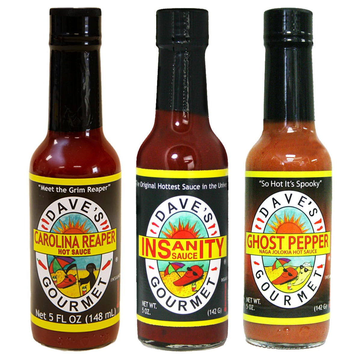 Dave's Gourmet 3-pack front view with bold heat from three 5oz bottles