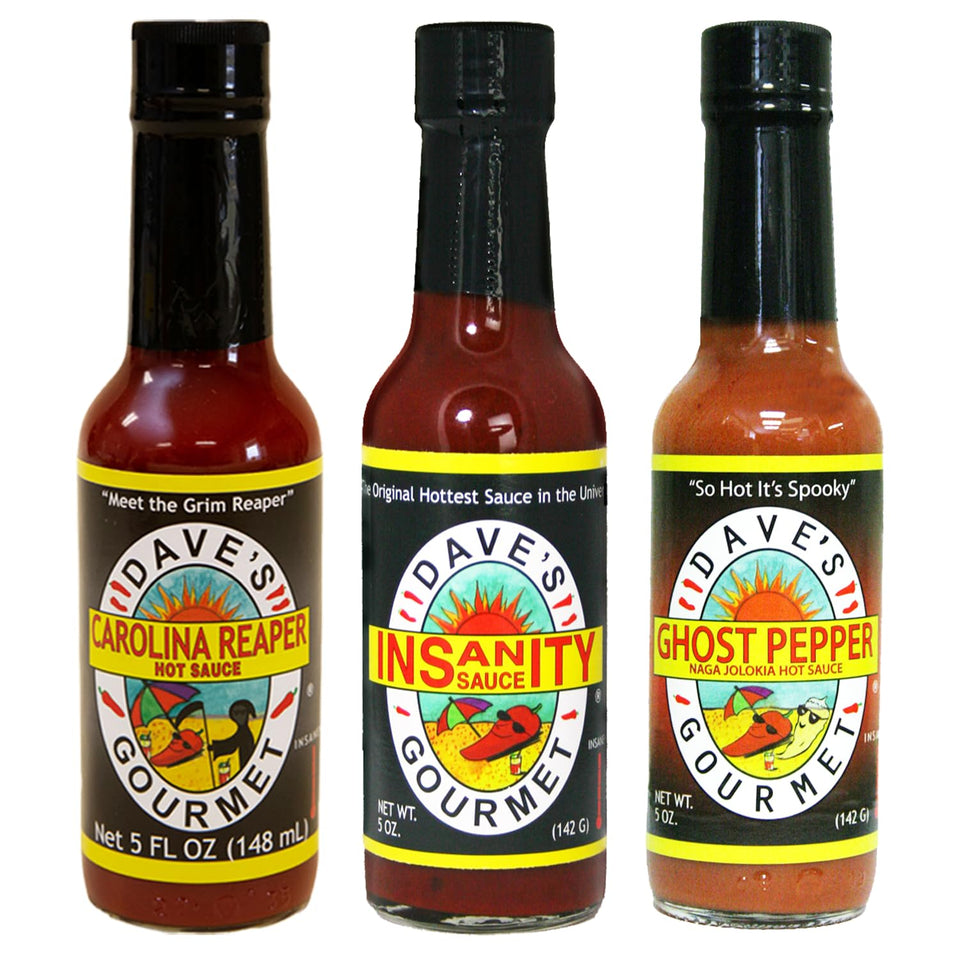 Dave's Gourmet 3-pack front view with bold heat from three 5oz bottles