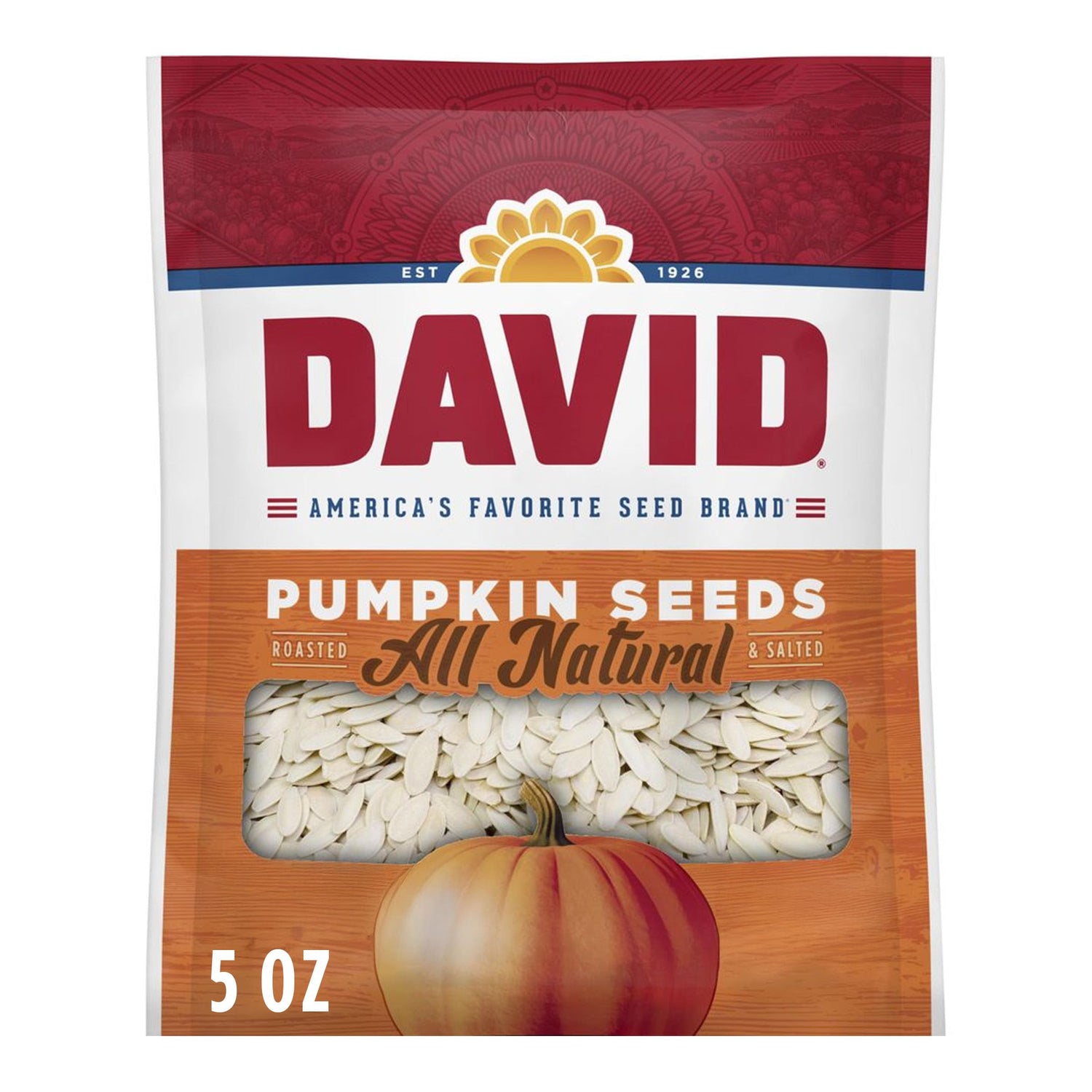 DAVID All Natural Pumpkin Seeds 12-pack front view, ideal for sharing snacks