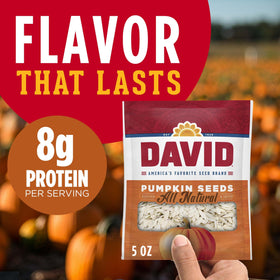 Close-up of DAVID All Natural Pumpkin Seeds in a bag, salted and roasted gluten-free snack