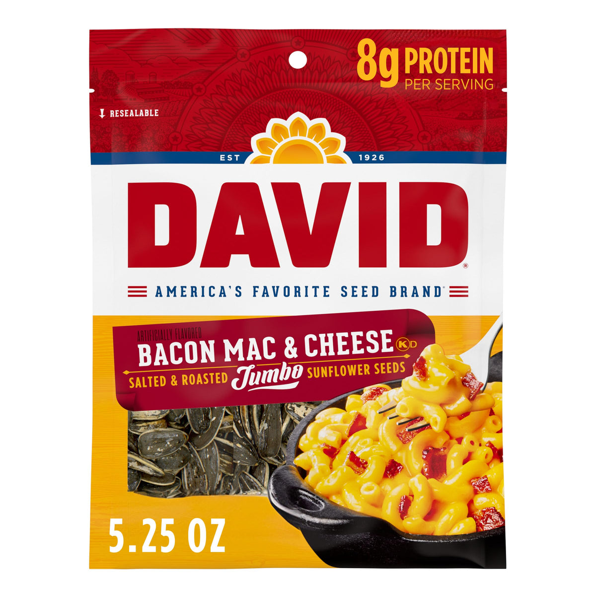 DAVID Bacon Mac and Cheese sunflower seeds pack for group snacking and on-the-go flavor