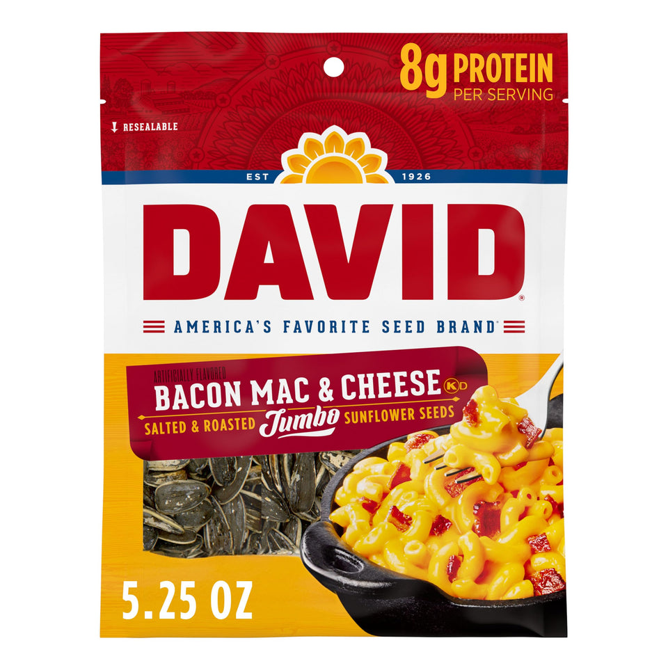 DAVID Bacon Mac and Cheese sunflower seeds pack for group snacking and on-the-go flavor