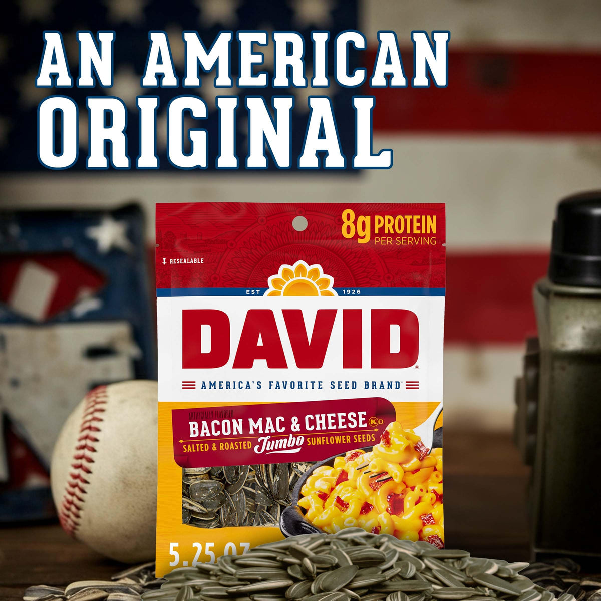 DAVID Bacon Mac Cheese seeds enjoyed as a quick savory snack anywhere