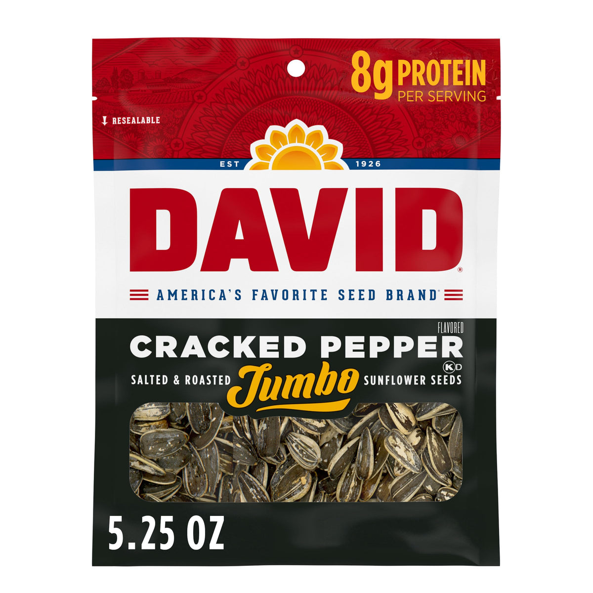 DAVID cracked pepper jumbo sunflower seeds pack on display for group snacking.