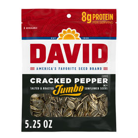 DAVID cracked pepper jumbo sunflower seeds pack on display for group snacking.