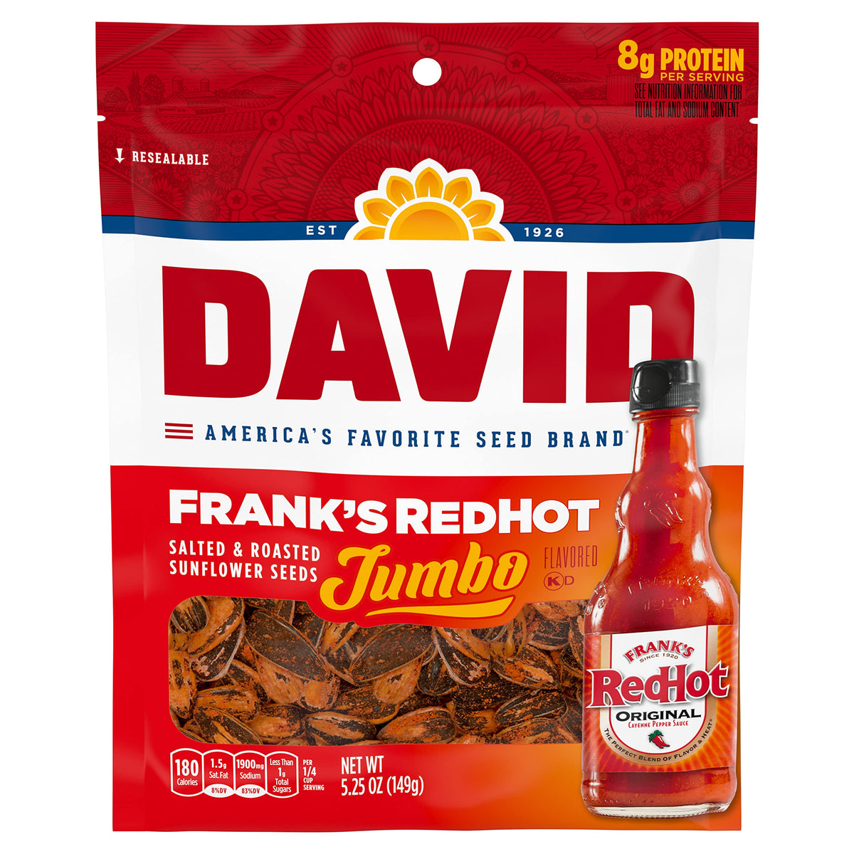 DAVID Frank's RedHot sunflower seeds bag front with bold flavor on the go.