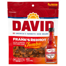 DAVID Frank's RedHot sunflower seeds bag front with bold flavor on the go.