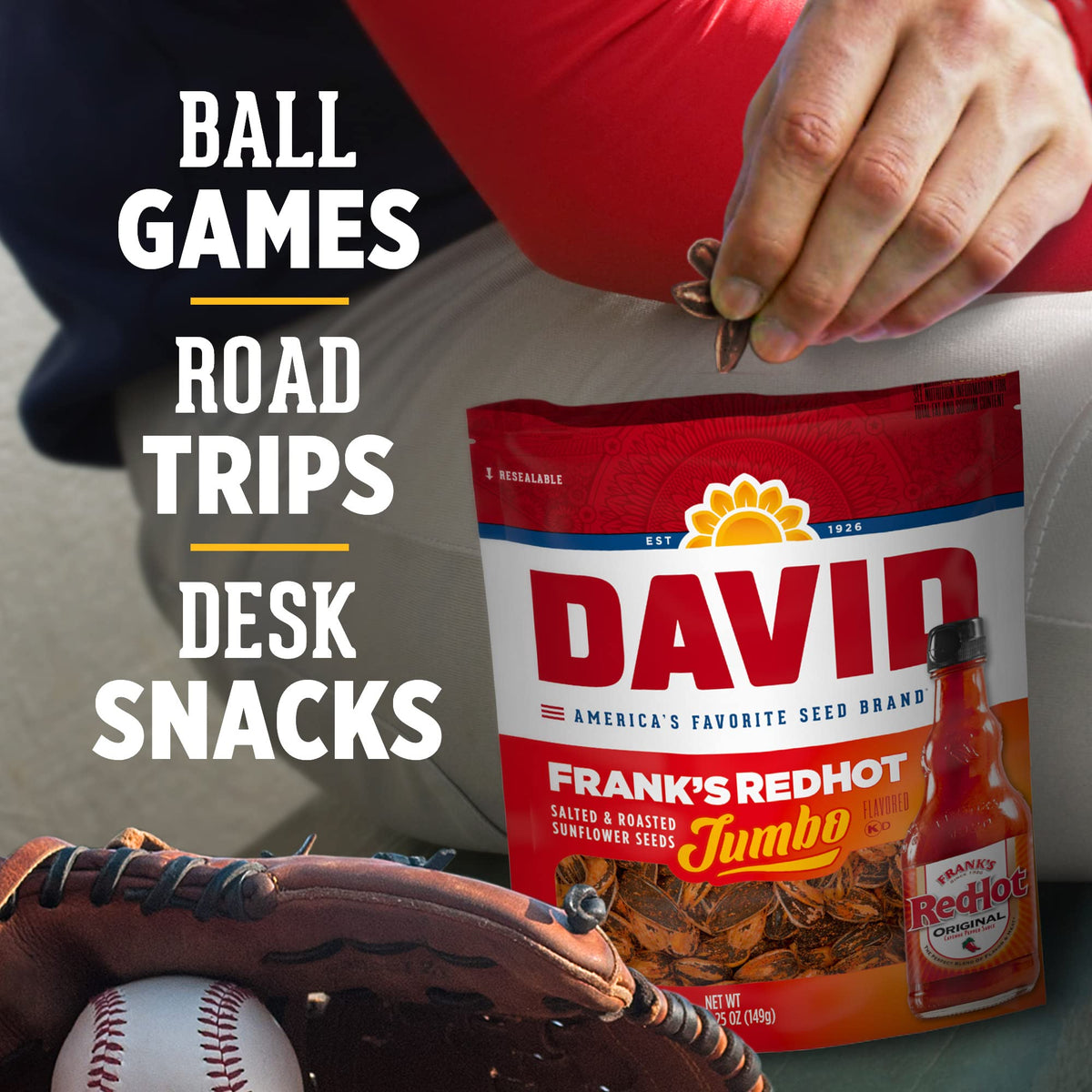 DAVID Frank's RedHot seeds pack on shelf for convenient snacking.