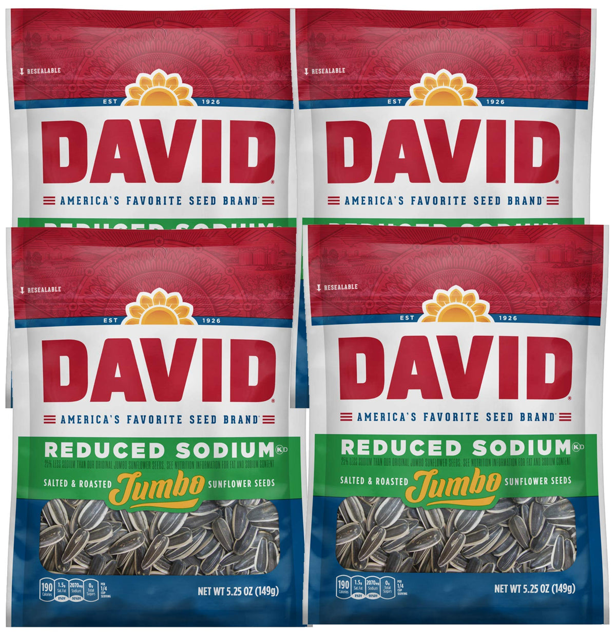 David Jumbo Reduced Sodium Sunflower Seeds bag, close-up of kernels, ideal for on-the-go snacking.