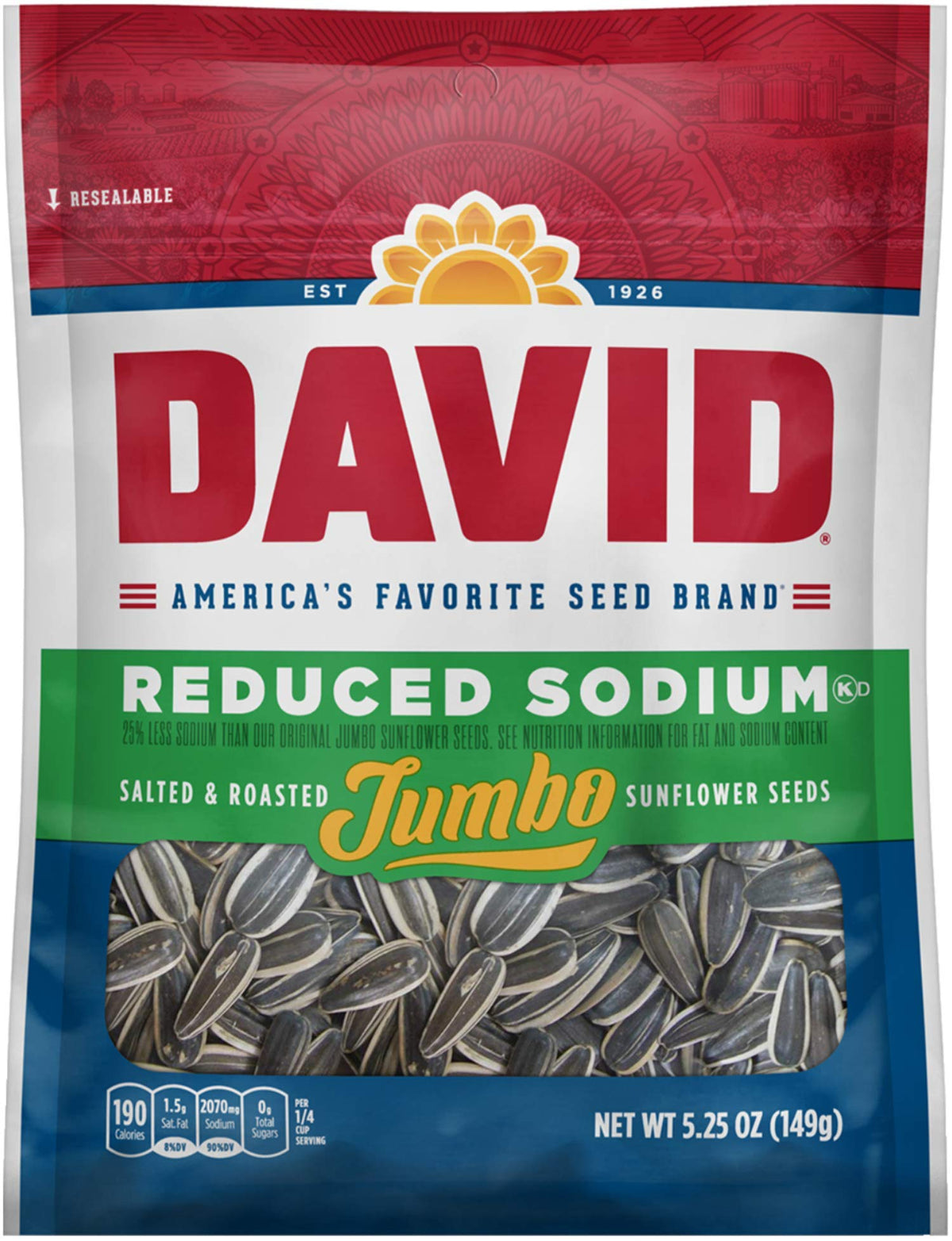 David Jumbo Reduced Sodium Sunflower Seeds four-pack on kitchen counter showing packaging.